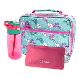 Lonchera para niñas con botella de agua y paquete de hielo, bonita lonchera para guardería de niños pequeños preescolares, contenedor para almuerzos y aperitivos, bandeja extraíble, sirena de gato rosa aguamarina