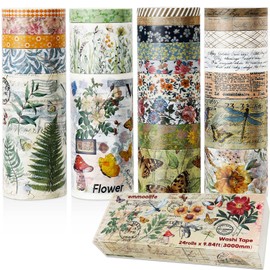 emmoolife 24 Rolls Vintage Washi Tape Set, Floral Letter Butterfly Mushroom Botanical Flower Writable Decorative Tapes for Scrapbooking , Junk Journal supplies, Bullet Journaling 5-75mm Wide 9.84ft long/Roll