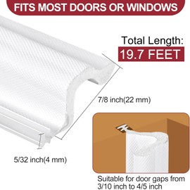 Kikerike Kerf Door Weather Stripping 19.7FT + 4 Gaskets, PVC, White, Door Seal Strip, Extra Thick, Easy Installation