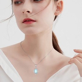 TYSO Oval Necklace 925 Sterling Silver White Created Opal Pendant Vintage Cubic Zirconia Jewelry for Women