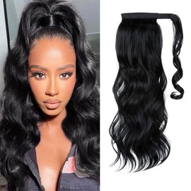 CJL HAIR 22" Ponytail Extension Black Long Pony Tail Wrap Around Clip in Hair Extensions Curly Wavy Synthetic High Resistant Fiber Faux Hairpiece for Black Women