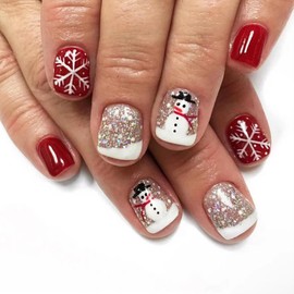 Christmas French Tip Press on Nails Short Square Fake Nails with Silver Glitter Snowflake Design Snowmen False Nails Xmas Winter Glue on Nails Bling Artificial Stick on Nails for Women Girls 24Pcs