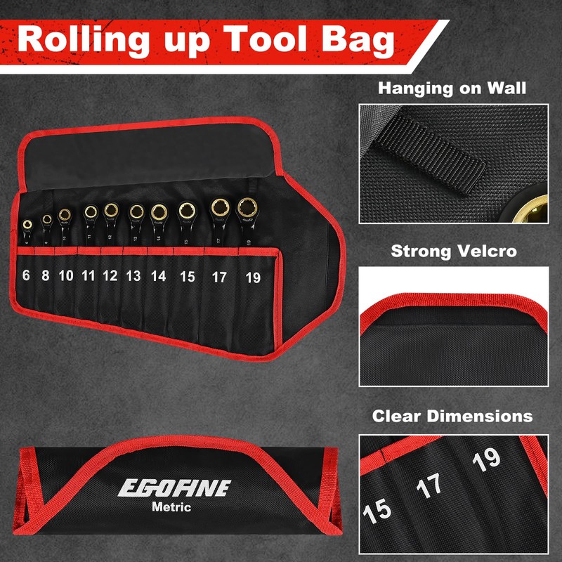 Egofine Ratcheting Wrench Set 10 Piece, Metric Wrench Set, CR-V