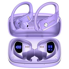 Wireless Earbuds Bluetooth Headphones 48hrs Play Back Sport Earphones with LED Display Over-Ear Buds with Earhooks Built-in Mic Headset for Workout Purple BMANI-VEAT00L