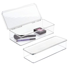 mDesign Makeup Storage Stackable Organizer Box for Bathroom Vanity, Countertops, Drawers - Holds Blenders, Eyeshadow Palettes, Lipstick, Lip Gloss, Makeup Brushes - Hinged Lid - 2 Pack - Clear