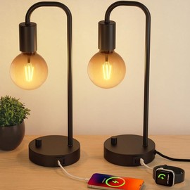 ONEWISH Industrial Table Lamp for Bedroom, Fully Dimmable Modern Bedside Lamps with 2700K Warm Light Bulb for Kids Reading, Minimalist Nightstand Lamp - Colour: black_2packs(USB)