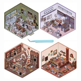 DIY 3D House Stickers, 4 Sets 3D Sticker Scenes, 3D Stickers Scene Make Your Own Mini Room Scenes Supermarket Coffee Shop Restaurant Bookstore for Adult Relief Stress Pass The Time