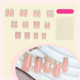 Press on Nails Medium Coffin Square French Tip Simple with Pink Green Flowers Design Fake Nails Full Cover Glossy Acrylic Glue on Nails Short Stick on Nails False Nails for Women 24Pcs XD-93-57