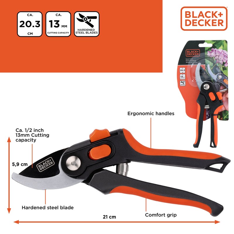 BLACK+DECKER Secateurs - 20.3 cm - Hardened Steel Blades -