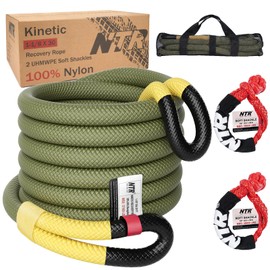 NTR 1" x 20' Kinetic Recovery Tow Rope (37,480lbs), with 2 UHMWPE Soft Shackles (40,980lbs), Heavy-Duty Offroad Snatch Strap, Vehicle Recovery kit for Jeep car Truck ATV UTV SUV,Olive