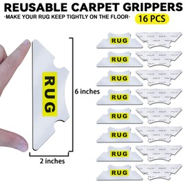 Rug Non Slip Grippers, Reusable Rug Corner Tape Pads for Hardwood Floors and Tiles, Strong Firmly Carpet Tape for Area Rugs, Removable and No Residue on Floor, 16Pcs