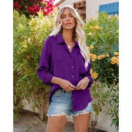 Pausus Womens Button Down V Neck Shirts Silk Long Sleeve Blouse Casual Work Plain Tops with Pocket (Dark Purple,L)