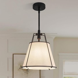 ZVXREZLD Modern Pendant Light Fixtures with 12" White Linen Fabric Shade, Adjustable Hanging Light Fixture,Drum Black Vintage Chandelier for Kitchen Island Bedroom Dining Room Foyer Entryway