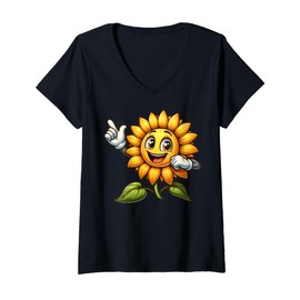 Womens Cartoon Sunflower Character For Children Say Aye Face V-Neck T-Shirt
