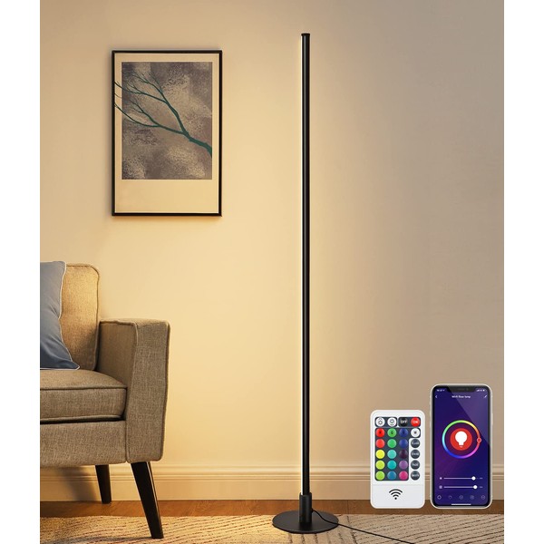 EDISHINE RGBW Corner Floor Lamp with App & Remote Control, Smart WiFi Dimmable Lighting Compatible with Alexa, Google Home, Standing Tall LED Lamp for Living Room, Bedroom, Minimalist (Black)