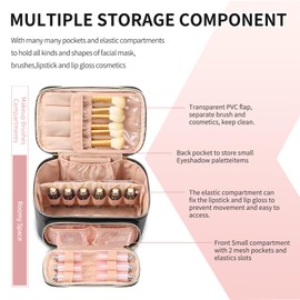 Makeup Bag, Multifunctional Make Up Bags with Zipper Pouch Large Compact Makeup Bag Organizer for Women Girls Cosmetics Toiletry Brushes Storage Makeup Case with Handle Divider-Black