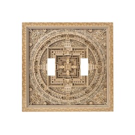 Yamxbfa Rustic Wood Kalachakra Mandala Double Toggle Light Switch Covers 2 Gang Wall Plate Dual Decorative Switchplate Electrical Faceplate for Farmhouse Country Livingroom Bedroom Kitchen Decor