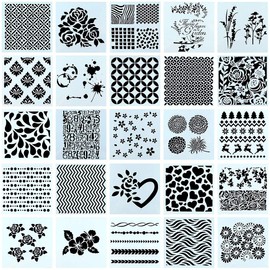 Swpeet 25Pcs Mixed Pattern Hollow Out Painting Stencils Kit, Plastic Planner Stencils Square Shape Journal Stencil for Bullet Journal Painting Craft/Journal/Notebook/Diary/Scrapbook DIY