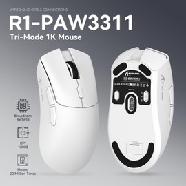 R1 Wireless Gamin Mouse, 59g Lightweight Tri-mode BT5.2/2.4GHz/Wired Computer Mouse, PixArt PAW3311 18K DPI Optical Sensor, 7 Programmable Buttons, Long Battery Life Mouse for PC/Mac (White)