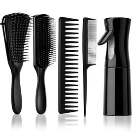 Juego de 5 Cepillos para Desenredar el Cabello, Set Profesional de Peluquería Incluye Cepillo Clásico 9 Filas, Peine Ancho, Peine para Rizos, Botella Nebulizadora, y de Dientes Finos para Mujer
