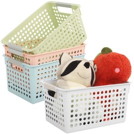 Plastic Storage Baskets,4 Pack Plastic Storage Baskets with Handles, Narrow Organizing Bins for Kitchen & Laundry, Small Nesting Containers,4 Colors, 11 x 5.5 x 7 Inch