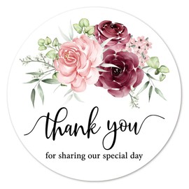 Burgundy Floral Thank You Stickers, 2 Inch Wedding Bridal Baby Shower Party Labels 40pack