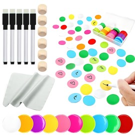 Plastic Dry Erase Tokens Set of 100 with 1pc Box 5 Dry Erase Markers 2 Wipes and 6 Dice,DIY Board Game Tokens Reusable Blank Learning Counters and Colorful Chips for Tabletop Games
