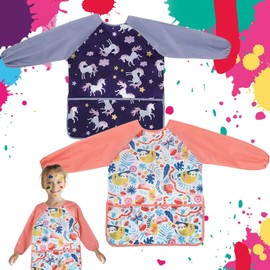 FEMONGY Apron for Kids 2 Pieces Kids Aprons for Painting Waterproof Painting Apron with Sleeves and 3 Pockets Childrens Aprons for Ancient 2–8 Years (Unicorn)