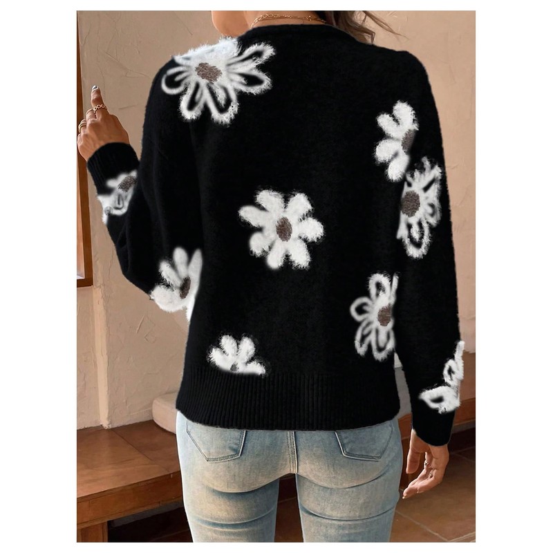 SHENHE Women's Floral Cardigan Sweater Open Front Long Sleeve Button