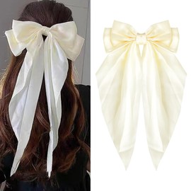 Beige Ribbon for Hair Bows Clips for Women Big Bow Hair Clips Long Tail Hair Bows for Girls Butterfly Bow Hair Barrettes Big Bowknot Ribbon Hair Pin Large Silk Satin Hair Bow Clip Accessories