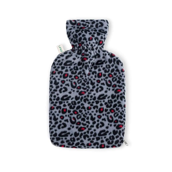 Premium Wärmflasche 1.8 Liter mit kuschligem Fleece Bezug mit extra Innenfutter und Reißverschluss im Leoparden Look, Wärmekissen, Bettflasche - BS1970:2012 zertifiziert
