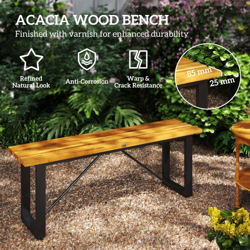Acacia Wood Outdoor Bench 2 Person Metal Frame Backless Garden