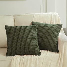 Fancy Homi 2 Packs Boho Olive Green Decorative Throw Pillow Covers 18x18 Inch for Couch Bed Sofa, Rustic Modern Farmhouse Home Decor, Soft Plush Corduroy Cute Square Cushion Case 45x45 cm