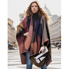 PAMEILA Women's Travel Plaid Shawl Wraps Open Front Poncho Cape Warm Oversized Sweaters Casual Cardigan Shawls for Fall Winter,Series 01-Khaki