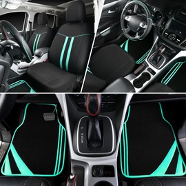 CAR PASS Colour Piping Leather Universal Fit Steering Wheel Cover, Cloth Car Seat Covers Full Set, Waterproof Edge Leather Car Floor Mats, Car Accessories Interior Sets (Black & Mint)