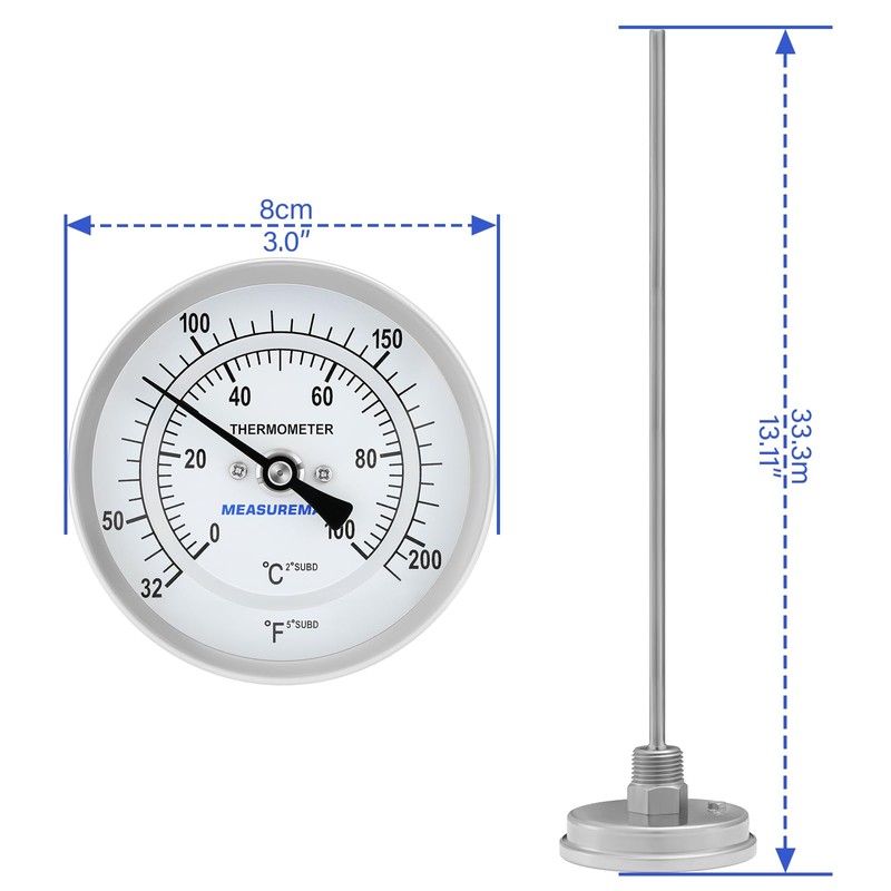 Measureman Fully Stainless Steel Bi-Metal Dial Thermometer, 3" Dial, 12"