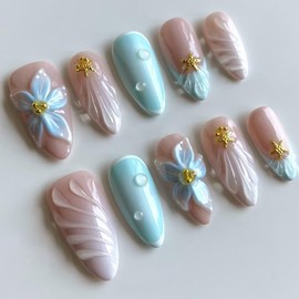 Summer Ocean Starfish Press on Nails French Almond Fake Nails with 3D Ripple Design Flower Water Drop False Nails Gradient Light Blue Glossy Almond-Shaped Medium Nails Handmade Nails for Women