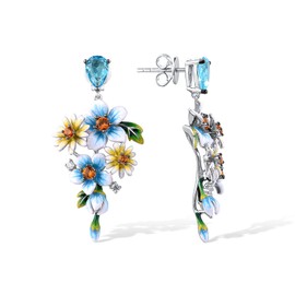Santuzza 925 Sterling Silver Enamel Flower Earrings Blue Spinel Cubic Zirconia Flower Bunch Floral Dangle Pierce Earrings for Women