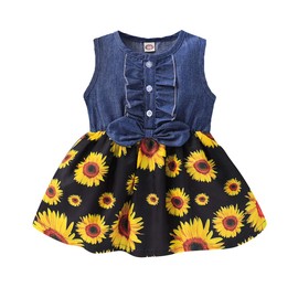 Kucnuzki 18 Month Girl Clothes Toddler Flower Dress Ruffle Bowknot Dedication Dresses Sleeveless Summer Jean Skirts for Girls 18-24 Months(Flower+Black)