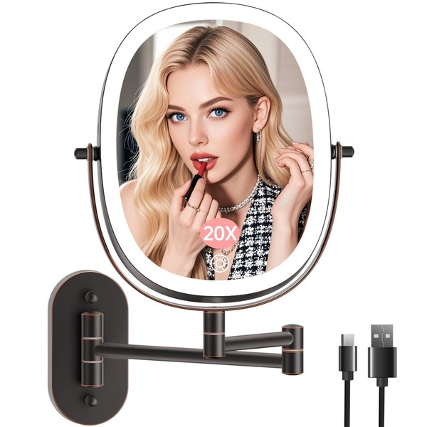 20X/1X Wall Mounted Lighted Makeup Mirror, Rechargeable Double Sided Magnifying