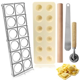 Ravioli Maker Mold Press Set Include 12 Holes Ravioli Maker Press with Pasta Mold Ravioli Tray Ravioli Stamp Maker Cutter Wood Rolling Pin and Filling Spoon Pasta Making Tools Pelmeni Mold