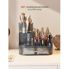MIUOPUR Makeup Organizer with Rotating Makeup Brush Holder, Stackable Drawers for Bathroom Organizers and Storage, Make up Organizers for Vanity, Great for Cosmetics, skincare, Lipsticks -Black