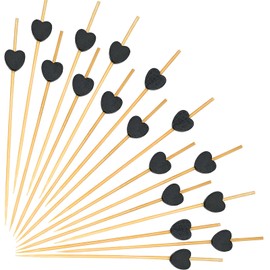 Catelves Heart Cocktail Sticks, Pack of 100 Wooden Skewers, Heart Finger Food Skewers, Cocktail Decoration Toothpicks, Heart Made of Wood, Black Heart Cocktail Sticks, 12 cm, Cheese Skewers, Fruit