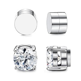 MOTIBACK 2 Pairs Magnetic Earrings for Men Women, Stainless Steel No Piercing Clip On Earrings Silver Round Cubic Zirconia Magnet Earring