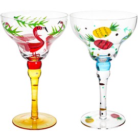 ZAVOOS Set of 2 Margarita Glass, 10 Oz Mexican Hand Blown Glasses for Martini, Hand Painted Modern Wine Glasses Coupe Cocktail Drinkware for Champagne, Cinco de Mayo, Fiesta, Party Decorations