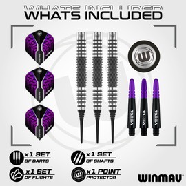 WINMAU Darts Kairos 18g Barrel / 20g Full Weight Soft Tip 90% Professional Tungsten Darts Set with Dart Flights and Dart Shafts (Stems)