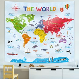 DECOWALL TP-009 Large World Map Tapestry Kids Educational Tapestries Wall Hanging for Bedroom Living Room Dorm Art Home Decor Polyester 60x50 inches (150x130cm)
