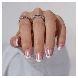 COLOR ELEMENT short square press on nails, french tip press on nails short fake nails with designs false nails, Chrome Glazed Glue ABS reusable natural nails press ons short (Square French Tip)
