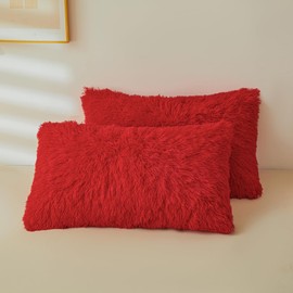 ERLOXO Red faux fur pillow cover，Ultra soft Shaggy Plush red fluffy pillow case fur pillow covers fluffy fuzzy pillows for bed Bedroom decorative pillow Zipper Closure，Set of 2(Standard, Red)