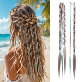 Boho Clip in Braid Hair Extensions for Women, 18" 2PC Handmade Synthetic Braided Hairpieces with Varied Boho Braids for Music Festival & Daily Styling (Sky Blue & Brown Highlights)